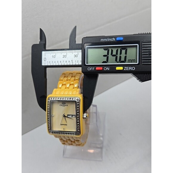Oniss Paris Yellow Ceramic Day Date Sapphire Crystal Womens Watch New Battery main image 6